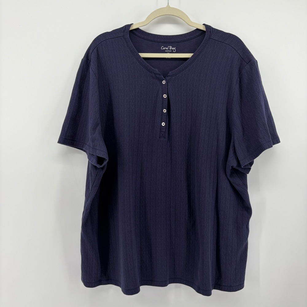 Coral Bay Womens 3X Navy Blue Henley Top Pointelle Knit Short Sleeve Tee